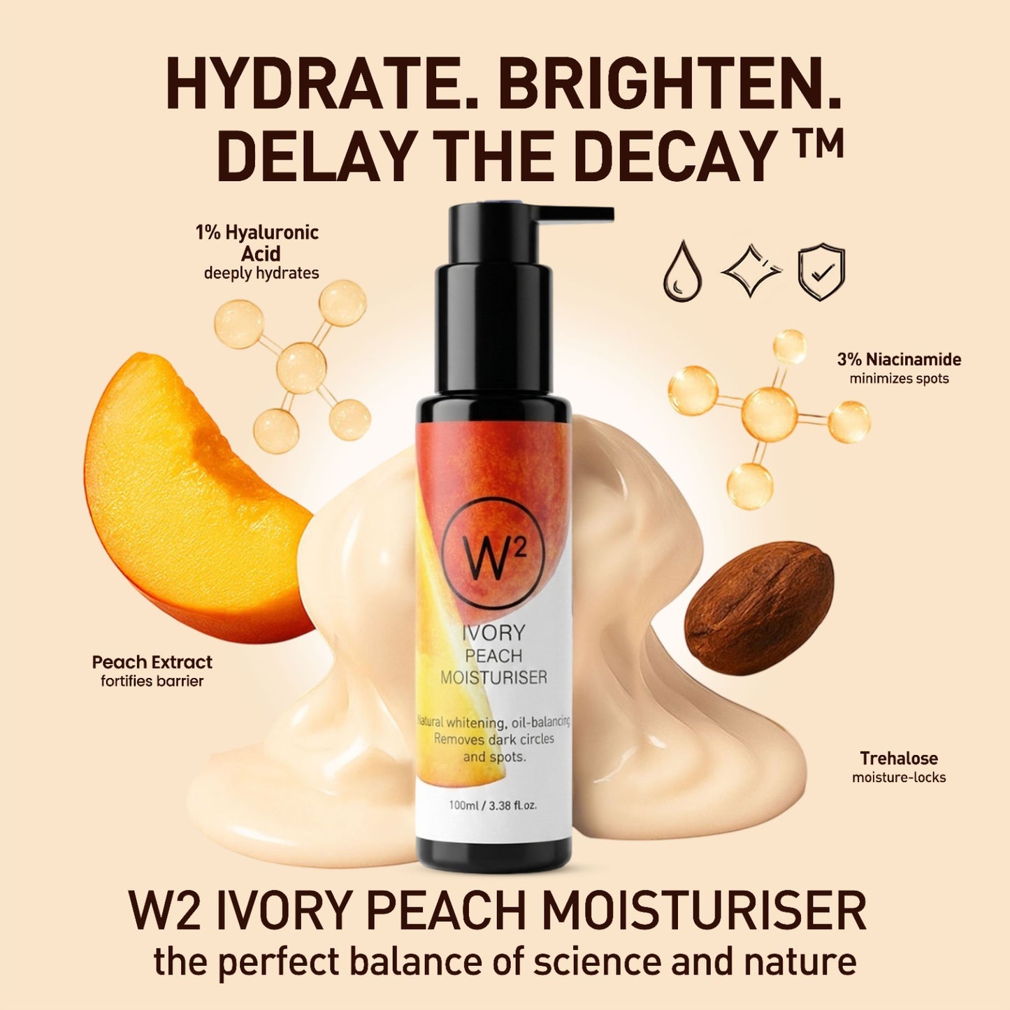 W2 Ivory Peach Moisturizer with peach extract and text on a beige background