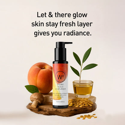 Skincare product with peach, leaves, and oil on a wooden board with text about skin radiance.