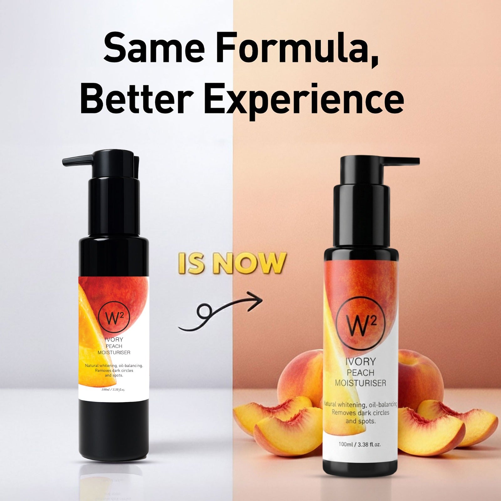 Two bottles of W2 Ivory Peach Moisturizer with peaches on a beige background.